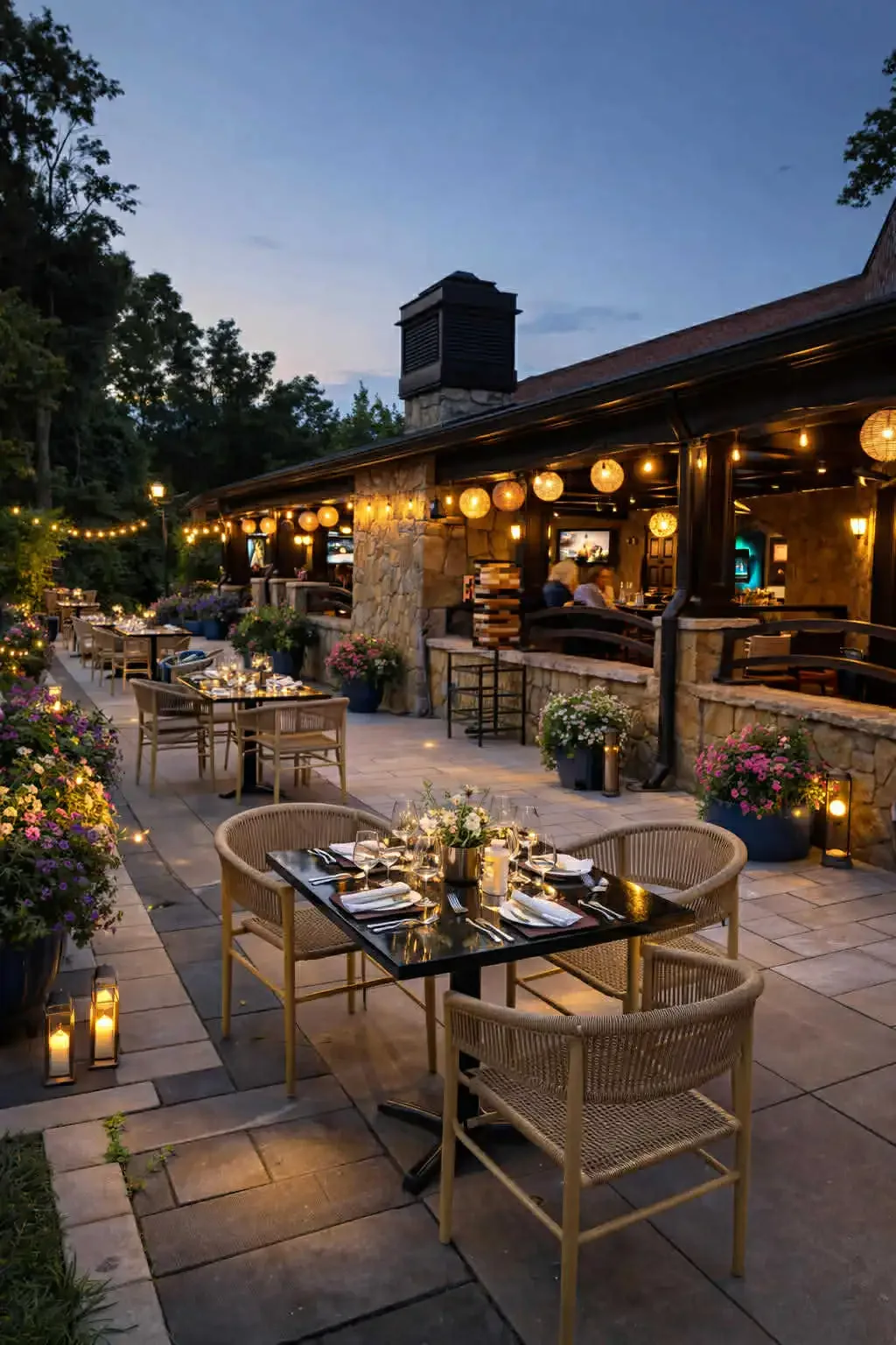 Outdoor patio lit up at dusk